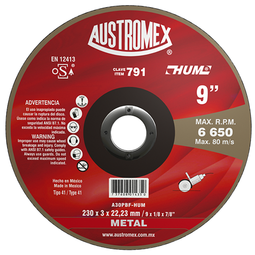 DISCO AUSTROMEX 791 PARA CORTE DE METAL TIPO 41 DIMENSION 230 X 3 X 22.23 ESPECIFICACION A30PBFHUM  image number null