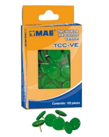 TACHUELAS MAE TCCVE DE COLOR VERDE CON CUBIERTA PVC CAJA CON 100 PZAS  image number null