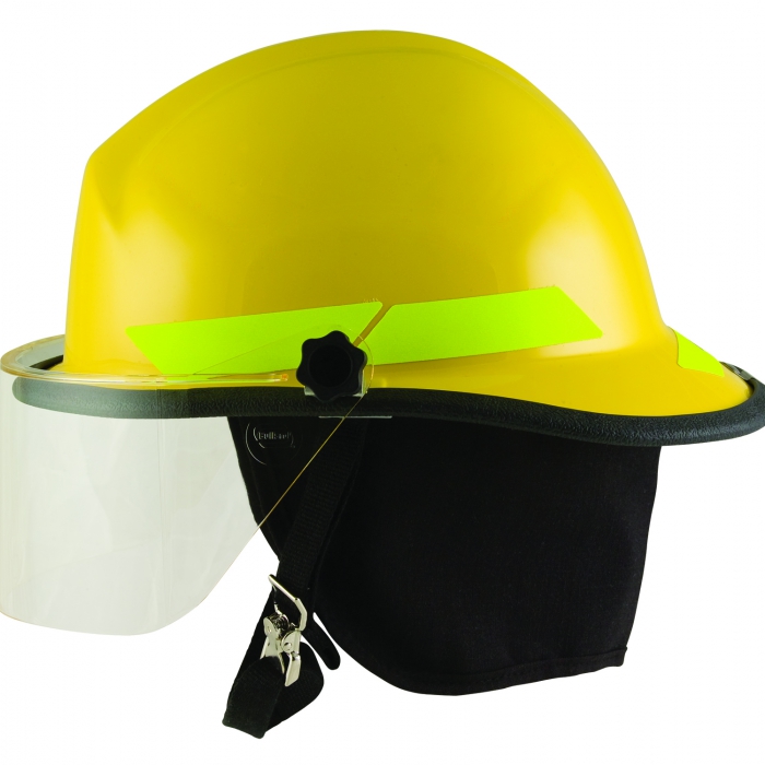 CASCO DE BOMBERO BULLARD FIREDOME DE TERMOPLASTICO AMARILLO SUSPENSION MATRACA 6PTS C/PROTECTOR FACIAL DE 4 IN Y CINTAS REFLEJANTES  image number null
