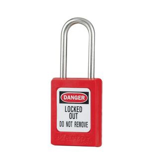 CANDADO MASTER LOCK DE SEGURIDAD TERMOPLASTICO ROJO ZENEX GRILLETE DE ACERO INOXIDABLE DE 138 IN DE ANCHO 11  2 IN DE ALTURA  image number null