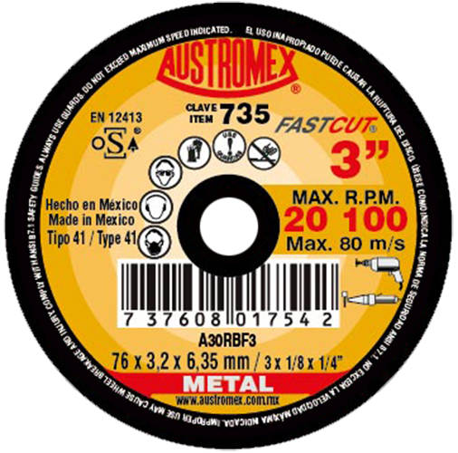 DISCO AUSTROMEX 735 PARA CORTE DE METAL TIPO 41 DIMENSION 76X3.2X6.35 ESPECIFICACION A30RBF3  image number null