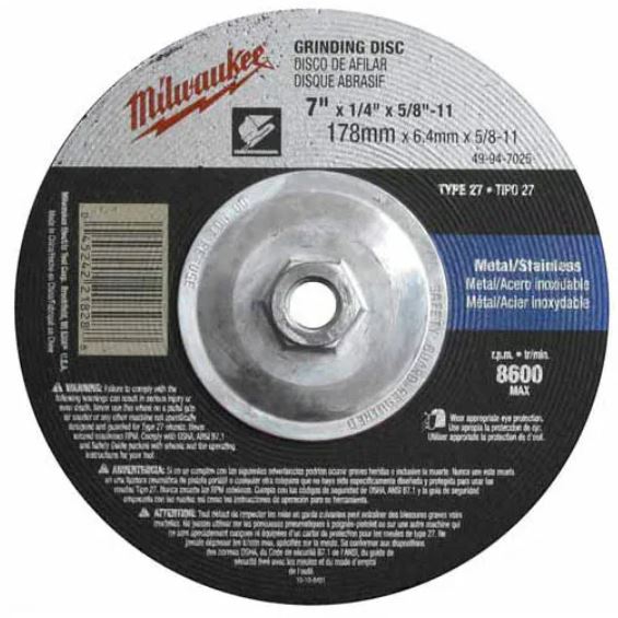 DISCO MILWAUKEE 49947020 P DESBASTE METAL 7IN X 14IN ORIFICIO FLECHA 78IN A24R 8600 RPM TIPO 27  image number null