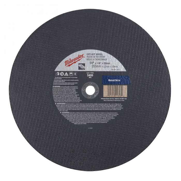 DISCO MILWAUKEE 49941475 ABRASIVO P CORTE METAL 14IN X 18IN OXIDO ALUMINIO ORIFICIO FLECHA 1IN A24R 5400 RPM  image number null