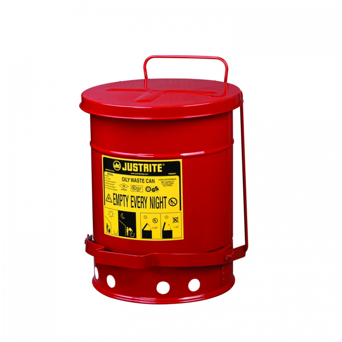 BIDON DE SEGURIDAD JUSTRITE DE ACERO ROJO P/DESECHOS ACEITOSOS C/PEDAL LEVANTA TAPA CAP 14 GAL  image number null