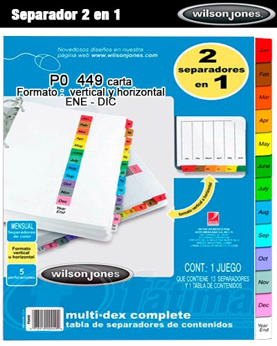 SEPARADORES WILSON JONES P0449 MULTIDEX MENSUAL PAPEL BLANCO TAMAÑO CARTA PESTAÑA PLASTIFICADA MULTICOLOR PAQUETE 13 PIEZAS  image number null