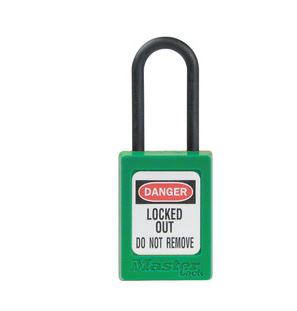 CANDADO DIELECTRICO MASTER LOCK DE TERMOPLASTICO VERDE GRILLETE DE NYLON DE 316 IN CLLAVE IGUAL  image number null