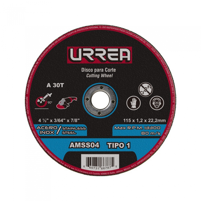 DISCO URREA AMSS04 ABRASIVO TIPO 1 PARA ACERO INOXIDABLE 412 IN X 364 IN USO GENERAL  image number null