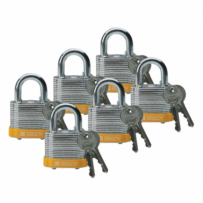 CANDADO BRADY DE ACERO TOPE AMARILLO 5 PERNOS ARCO DE 34 IN C6 PZAS LLAVE DIFERENTE  image number null