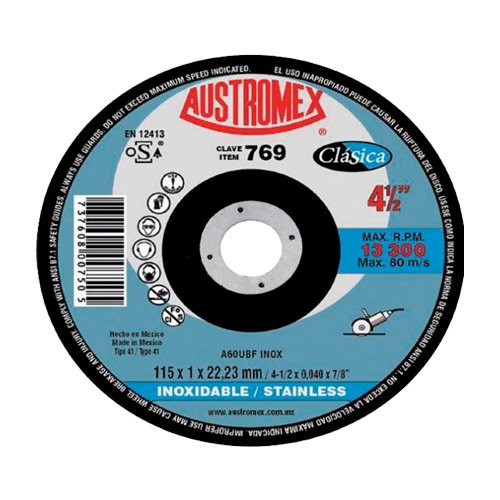 DISCO AUSTROMEX 769 CLASICA DE OXIDO DE ALUMINIO DE 115 X 1 X 22.23 MM 13300 PCORTE DE ACERO INOXIDABLE  image number null