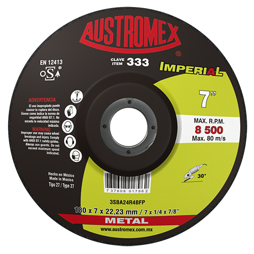 DISCO AUSTROMEX 333 CON CENTRO DEPRIMIDO PARA DESBASTE DE METAL TIPO 27 DIMENSION 180 X 7 X 22.23 ESPECIFICACION 7SBA20R4BFP  image number null