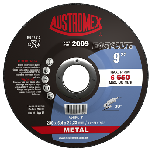 DISCO AUSTROMEX 2009 CON CENTRO DEPRIMIDO PARA DESBASTE DE METAL TIPO 27 DIMENSION 230X6.4X22.23 ESPECIFICACION A24R4BFP  image number null