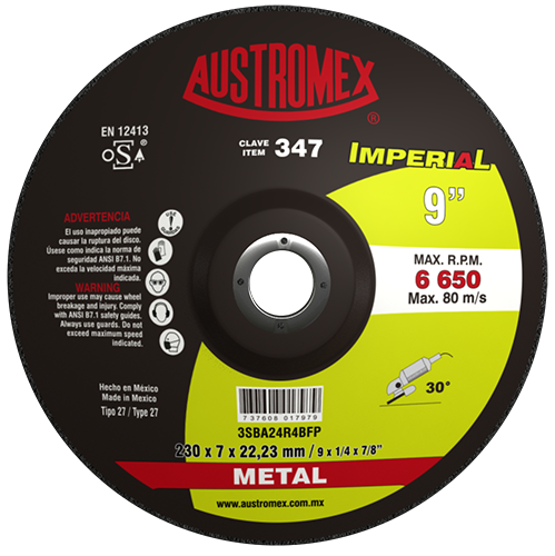 DISCO AUSTROMEX 347 CON CENTRO DEPRIMIDO PARA DESBASTE DE METAL TIPO 27 DIMENSION 230 X 7 X 22.23 ESPECIFICACION 7SBA20R4BFP  image number null