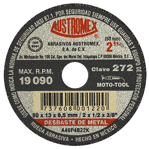 RUEDA AUSTROMEX 272 RESINOSA PARA DESBASTE DE METAL TIPO 1 DIMENSION 50X13X9.53 ESPECIFICACION A46P4B22K  image number null