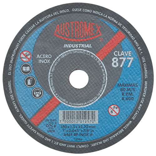 DISCO AUSTROMEX 877 PARA CORTE DE METAL TIPO 41 DIMENSION 180 X 1.5 X 22.2 ESPECIFICACION A46T BF INOX #  image number null